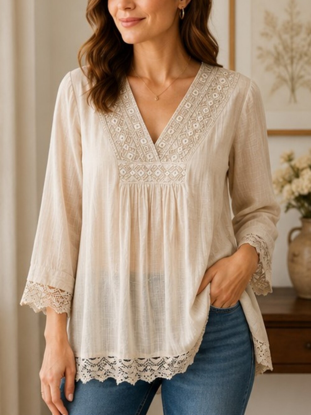 Rachel Zoe Embroidered Boho Blouse Size Medium Beige Lace Trim